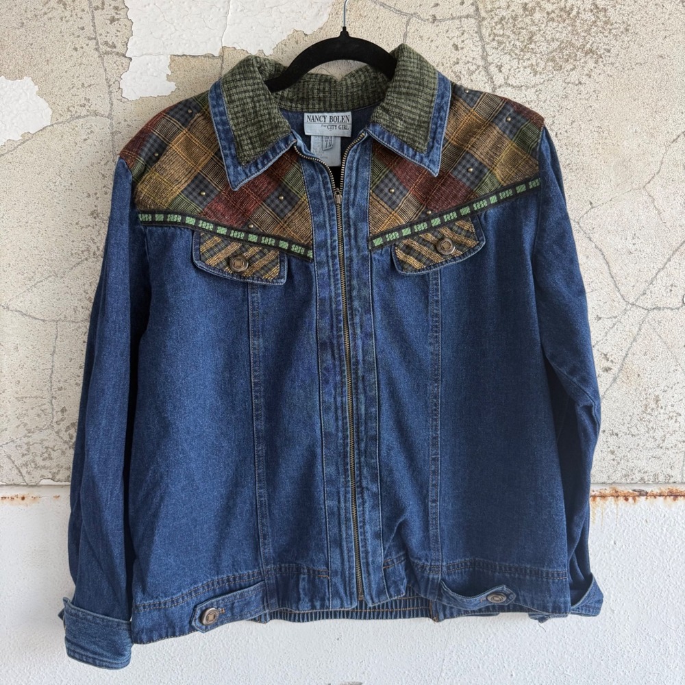 Vintage Denim Jacket Tapestry Patchwork Plaid Western Boho Jean Coat Womens M